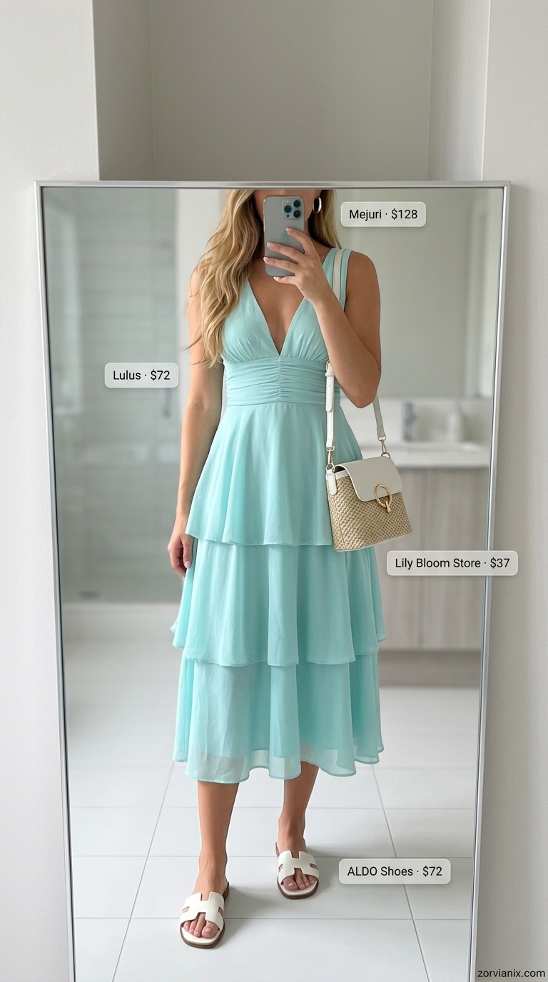 Flowy aqua blue maxi dress with straw bag and flat sandals for summer pool party outfits for women 2026.