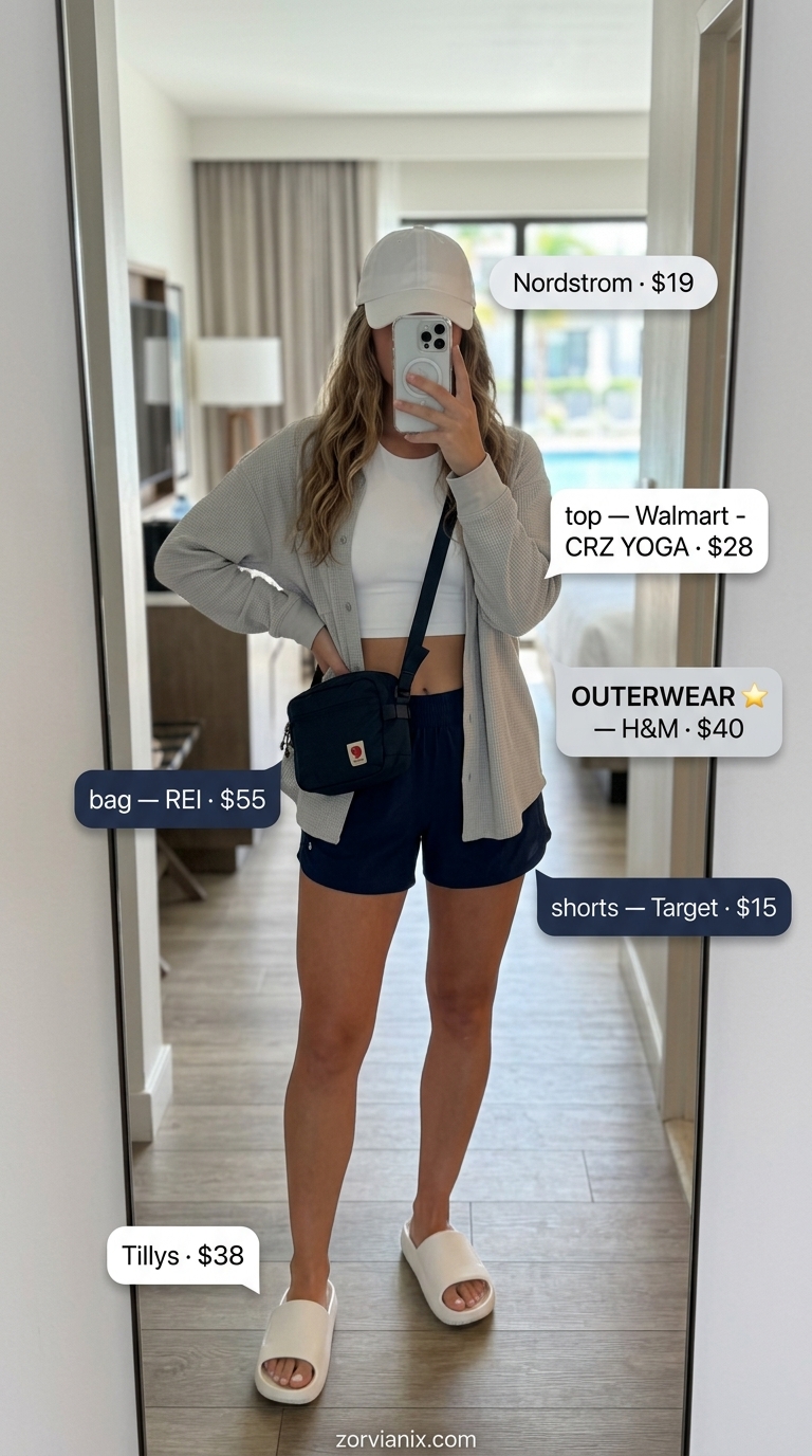 Navy athletic shorts and oversized shirt for summer pool party outfits for women 2026. Sporty casual look with white bikini top.