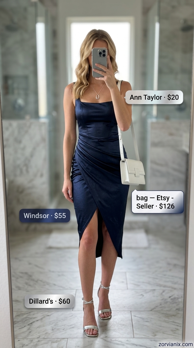 Navy slip dress for summer pool party outfits for women 2026: midi dress, silver heels, white bag, silver necklace.