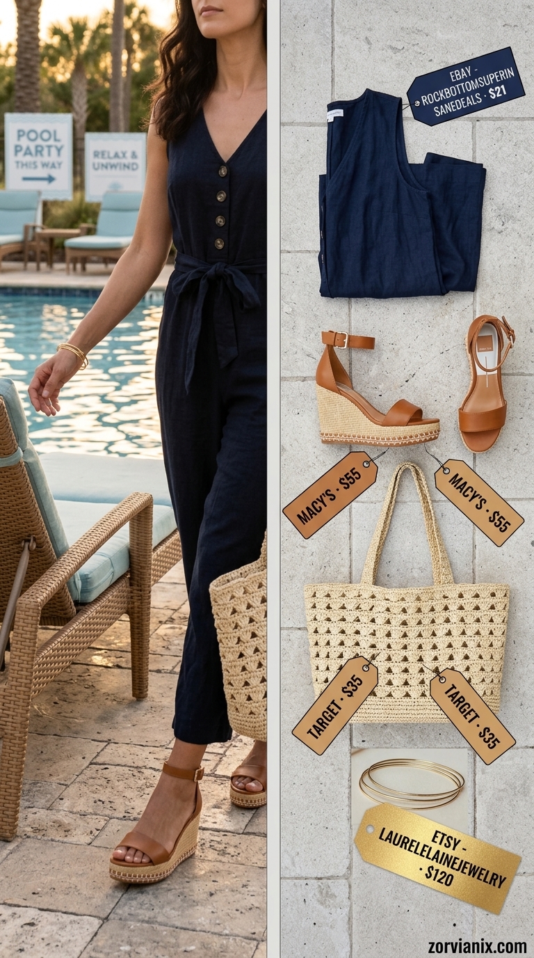Azure blue linen jumpsuit with straw tote and espadrilles for summer pool party outfits for women 2026.