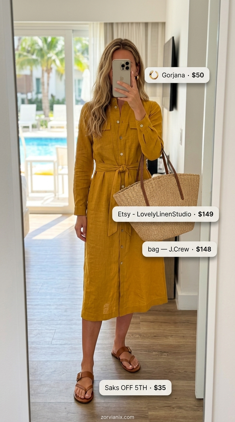 Lemon yellow linen dress for summer pool party outfits for women 2026: midi dress, tan sandals, straw tote, gold hoops.