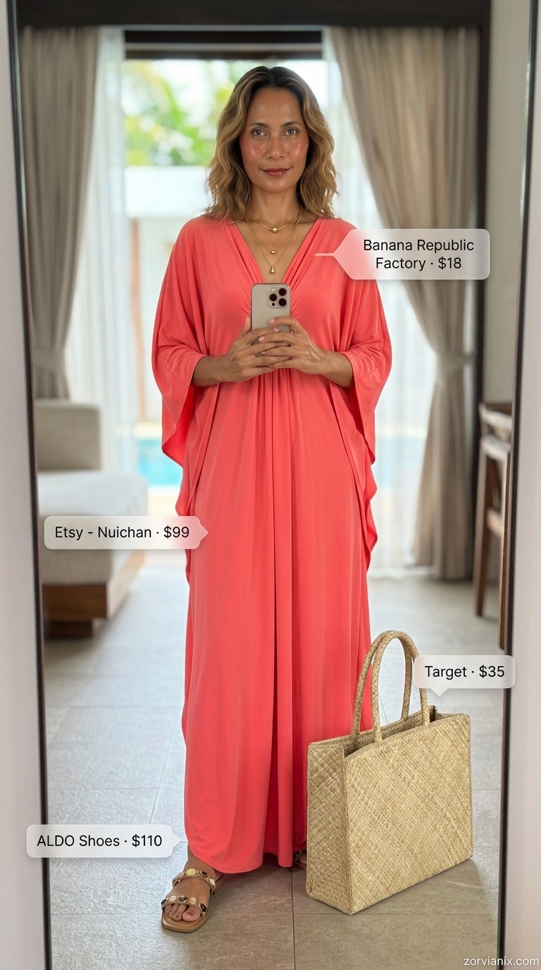 Coral chiffon maxi caftan dress for summer pool party outfits for women 2026. Effortless resort wear with straw tote and gold necklaces.