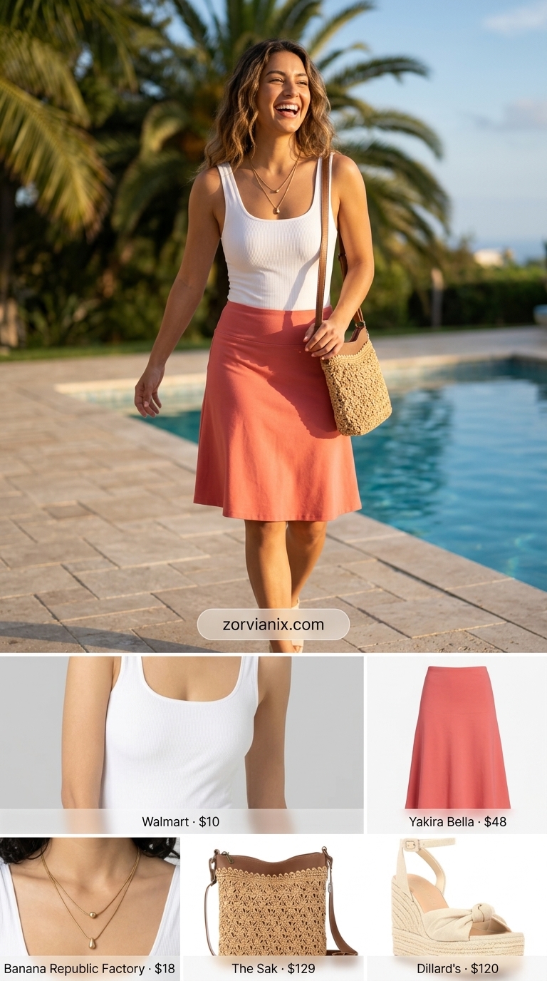 Coral mini skirt outfit for summer pool party outfits for women 2026: white bodysuit, coral skirt, espadrilles, straw bag.
