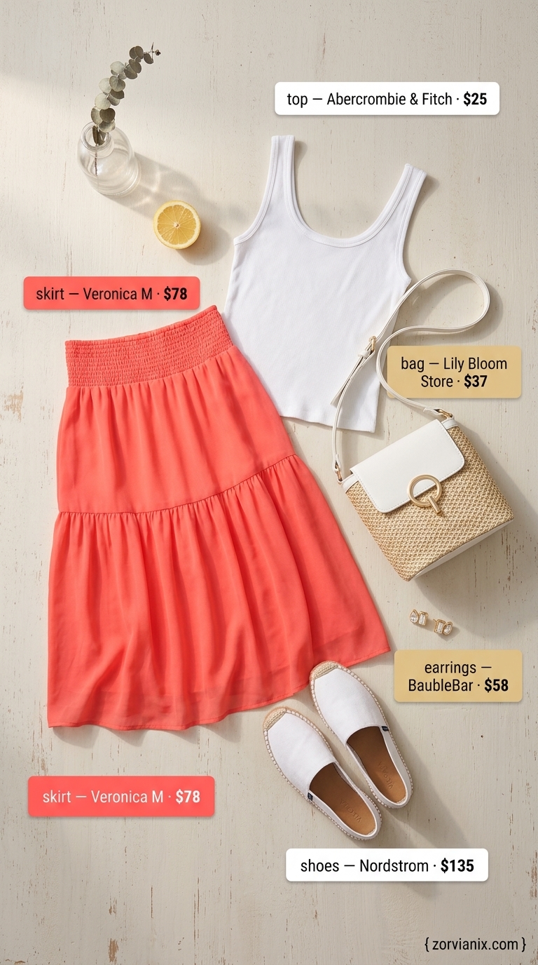 Bright coral ruffle midi skirt with white tank and espadrille flats for summer pool party outfits for women 2026.