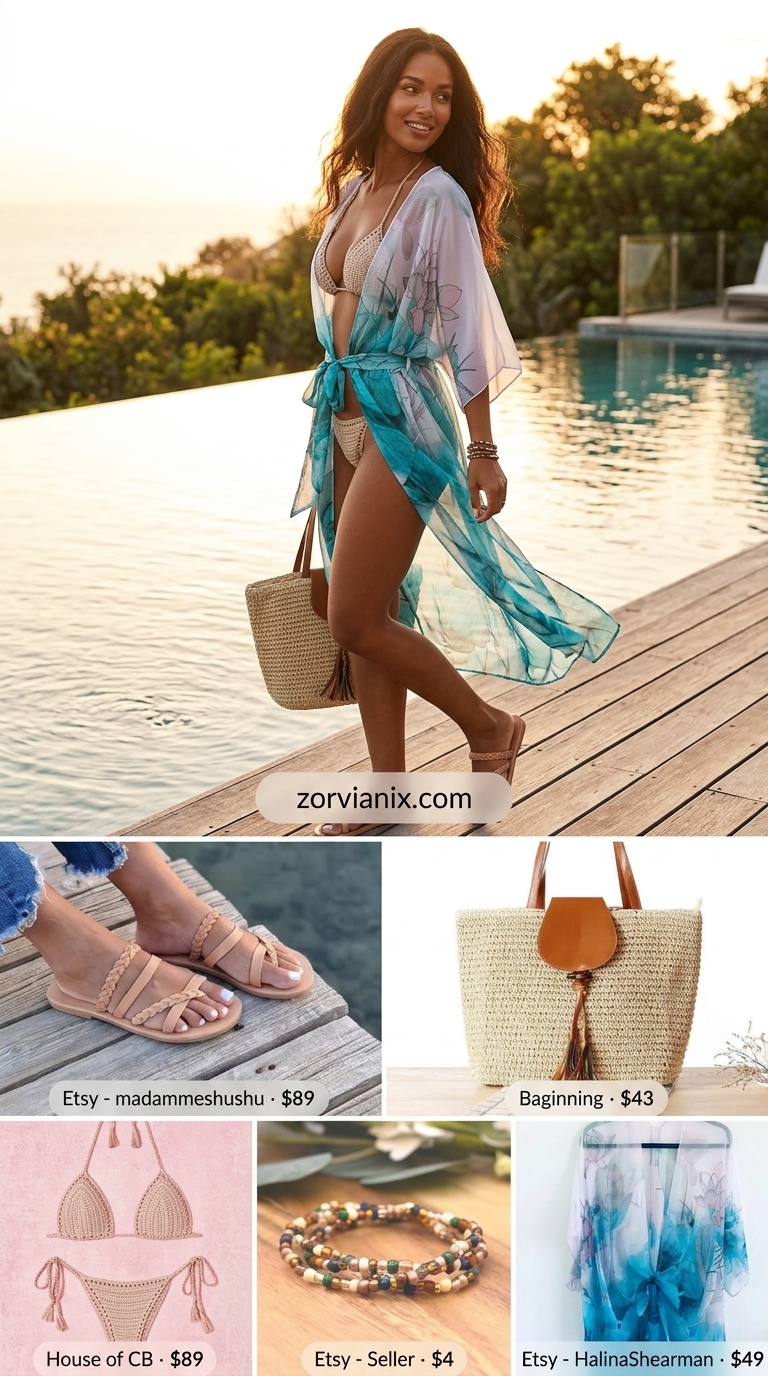 Cream crochet bikini set and printed kimono for summer pool party outfits for women 2026. Boho beach babe style with woven tote.