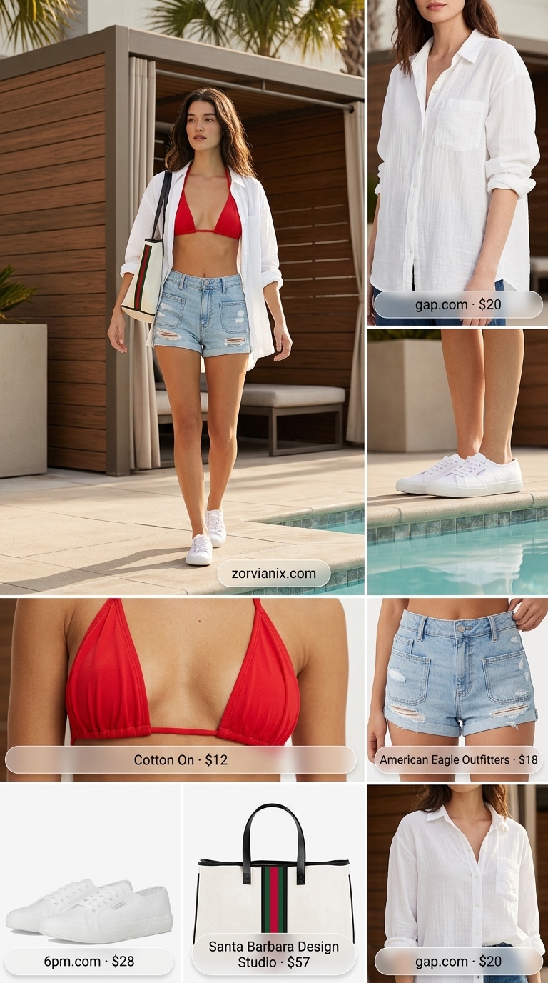 Distressed denim shorts and white shirt for summer pool party outfits for women 2026. Cool casual hangout style with canvas tote.