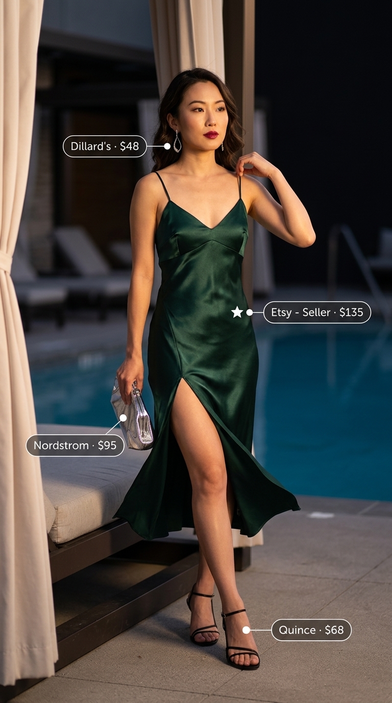 Emerald green satin slip dress with black heels and silver clutch for summer pool party outfits for women 2026.