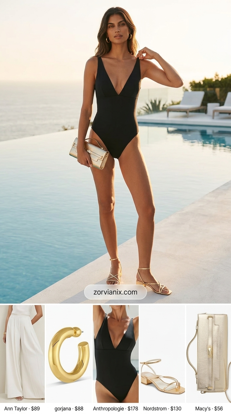 Palazzo pants outfit for summer pool party outfits for women 2026: black swimsuit, white pants, gold heels, gold earrings.