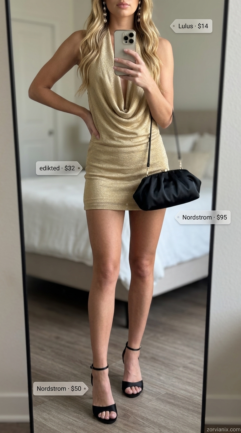 Metallic gold mini dress with black heels and statement earrings for summer pool party outfits for women 2026.