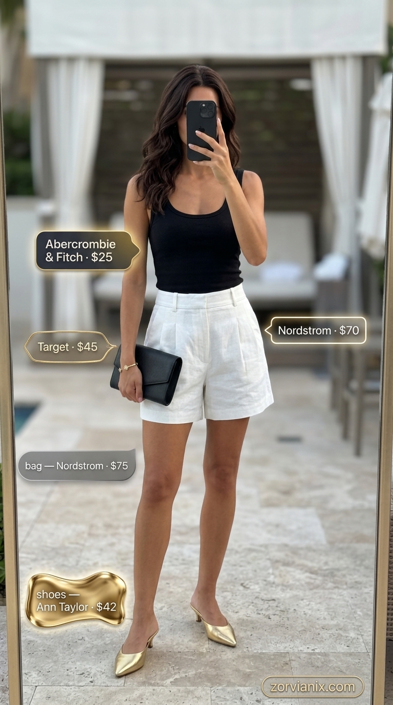 Linen shorts outfit for summer pool party outfits for women 2026: white linen shorts, black tank, gold mules, gold bracelet.