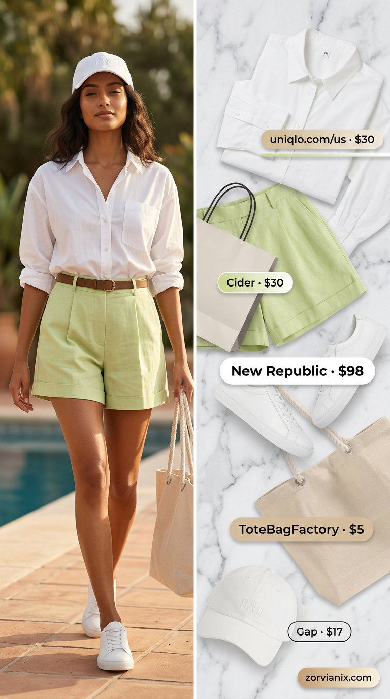 Lime green linen shorts with oversized white shirt and sneakers for summer pool party outfits for women 2026.
