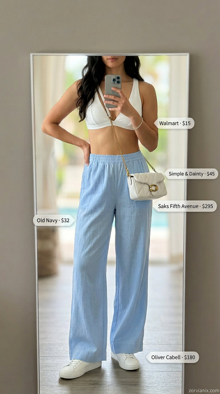 Sky blue linen set for summer pool party outfits for women 2026: wide-leg pants, matching shirt, white sneakers, white bag.