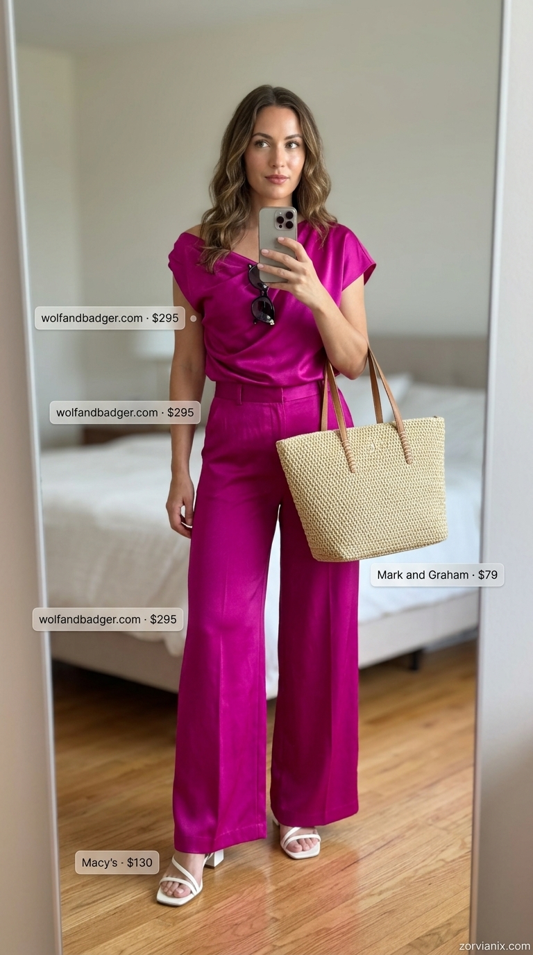Fuchsia matching set for summer pool party outfits for women 2026: wide-leg pants, crop top, white sandals, straw tote.