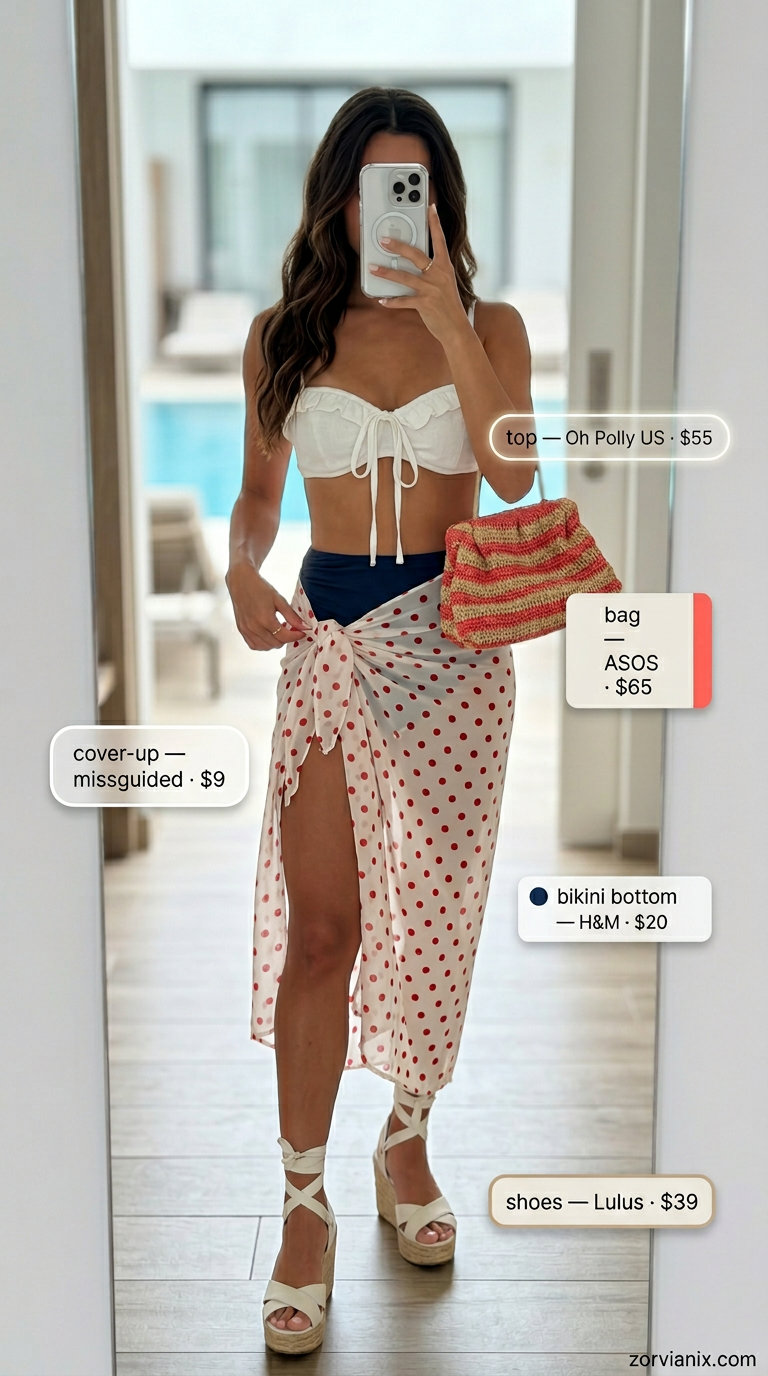 Retro polka dot sarong and navy bikini for summer pool party outfits for women 2026. Glamorous beach day style with espadrille wedges.