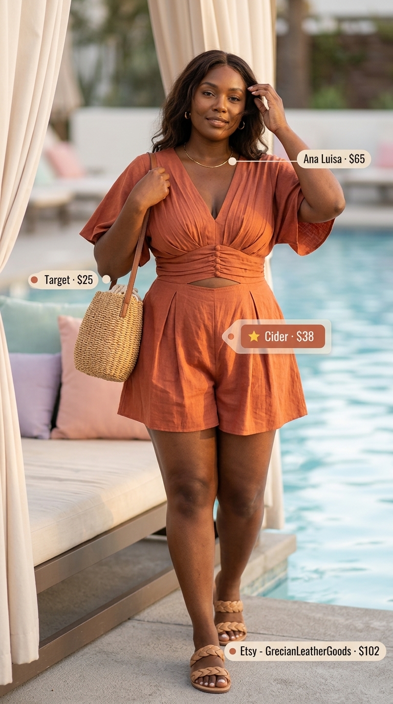 Terracotta linen romper for summer pool party outfits for women 2026. Casual beach picnic style with straw bucket bag and leather sandals.