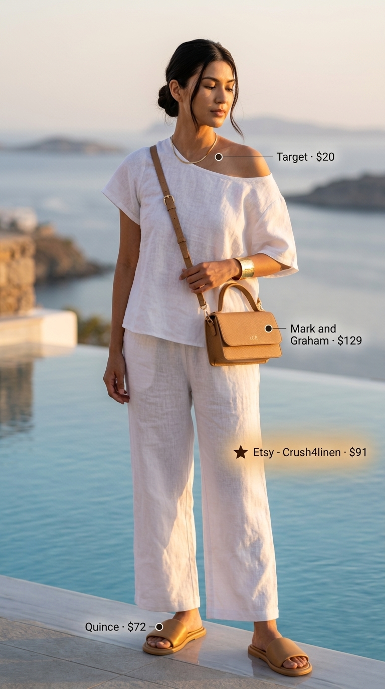 Chic white linen crop top and wide-leg pants for summer pool party outfits for women 2026.