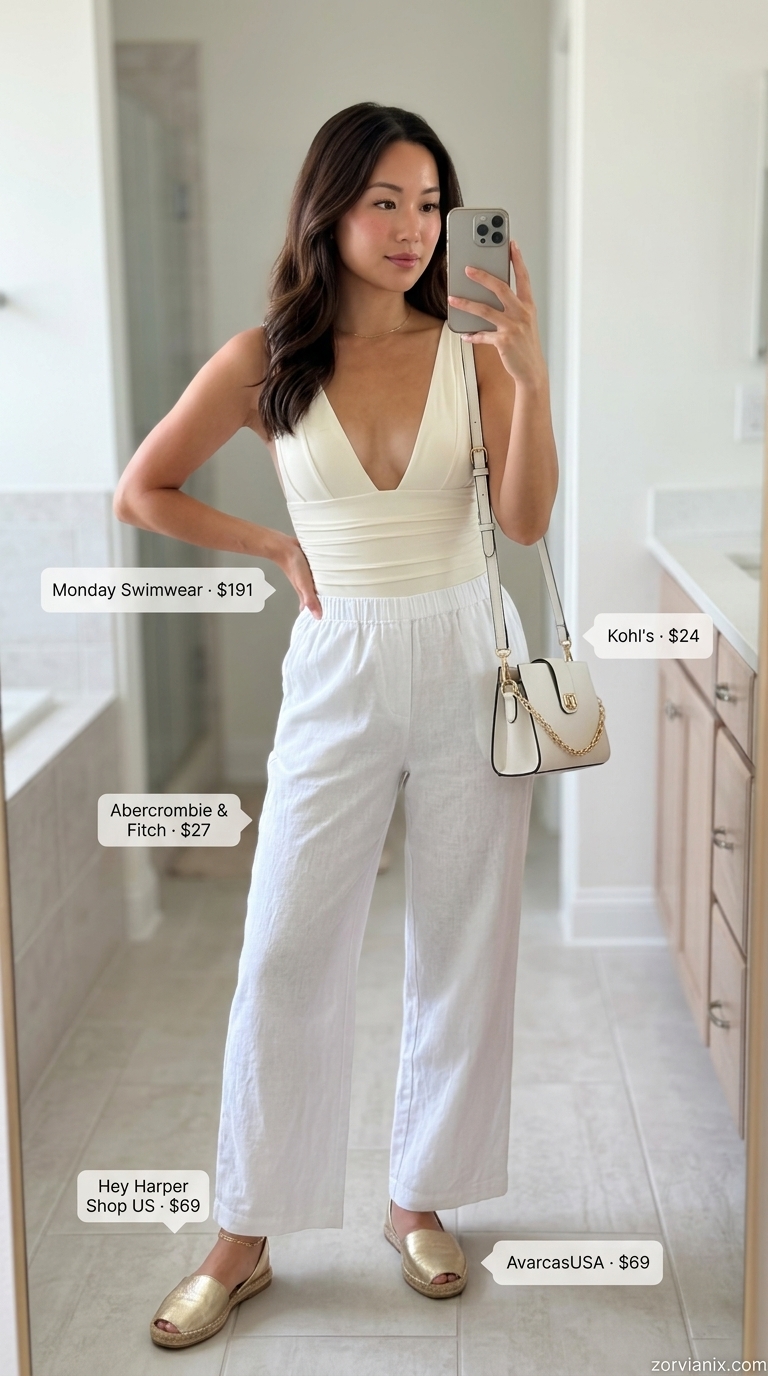 White one-piece swimsuit and linen pants for summer pool party outfits for women 2026. Chic minimalist resort wear with gold accents.