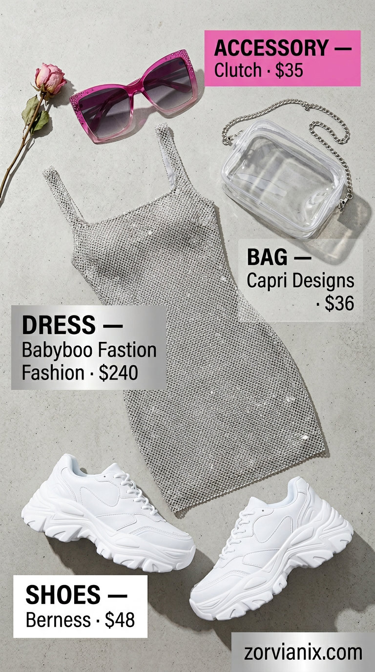 Playful summer rave outfit for women 2026: Sequin mini dress, platform sneakers, and iridescent sunglasses.