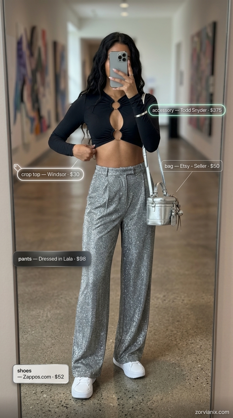 Chic summer rave outfit for women 2026: black cut-out crop top, silver metallic wide-leg pants, and white platform sneakers.