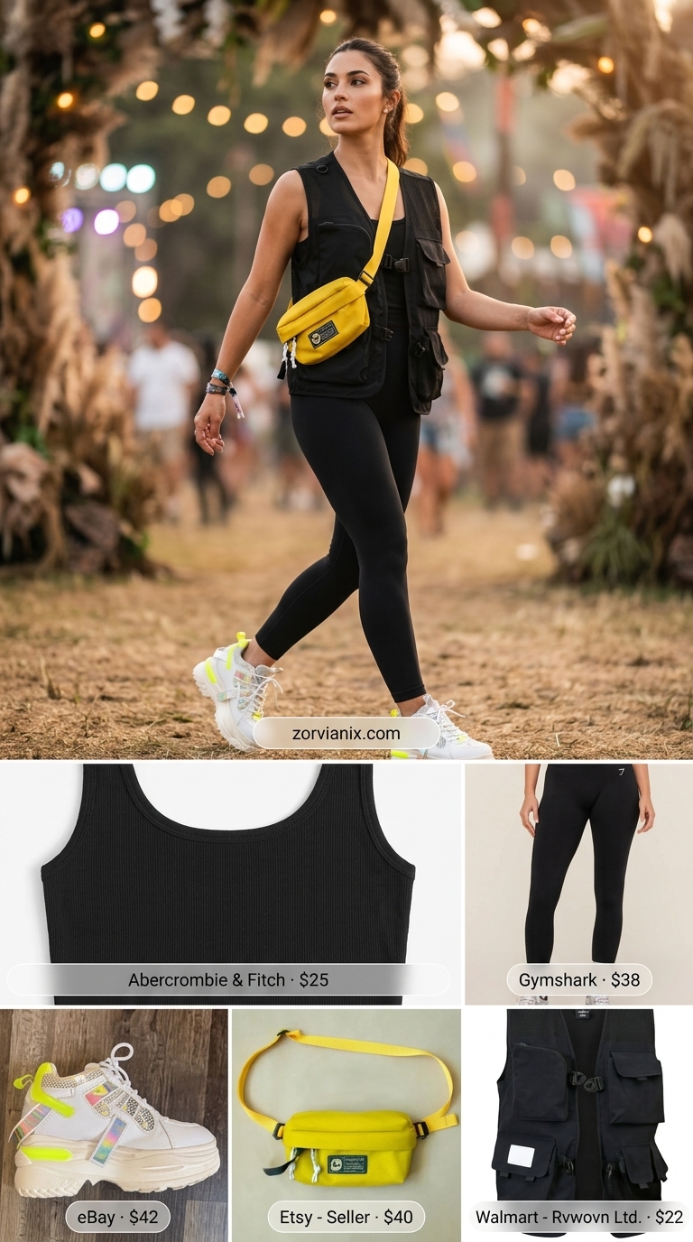 Cyberpunk utility vest outfit for women 2026: black vest, neon yellow bag, platform sneakers for a summer rave.