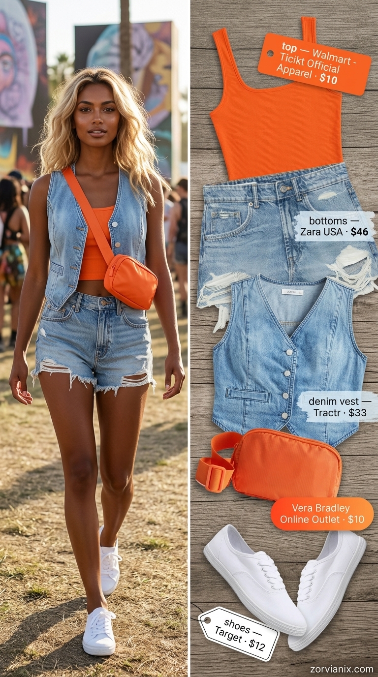 Denim duo festival outfit for women 2026: light wash denim vest, orange crop top, denim shorts for a summer rave.