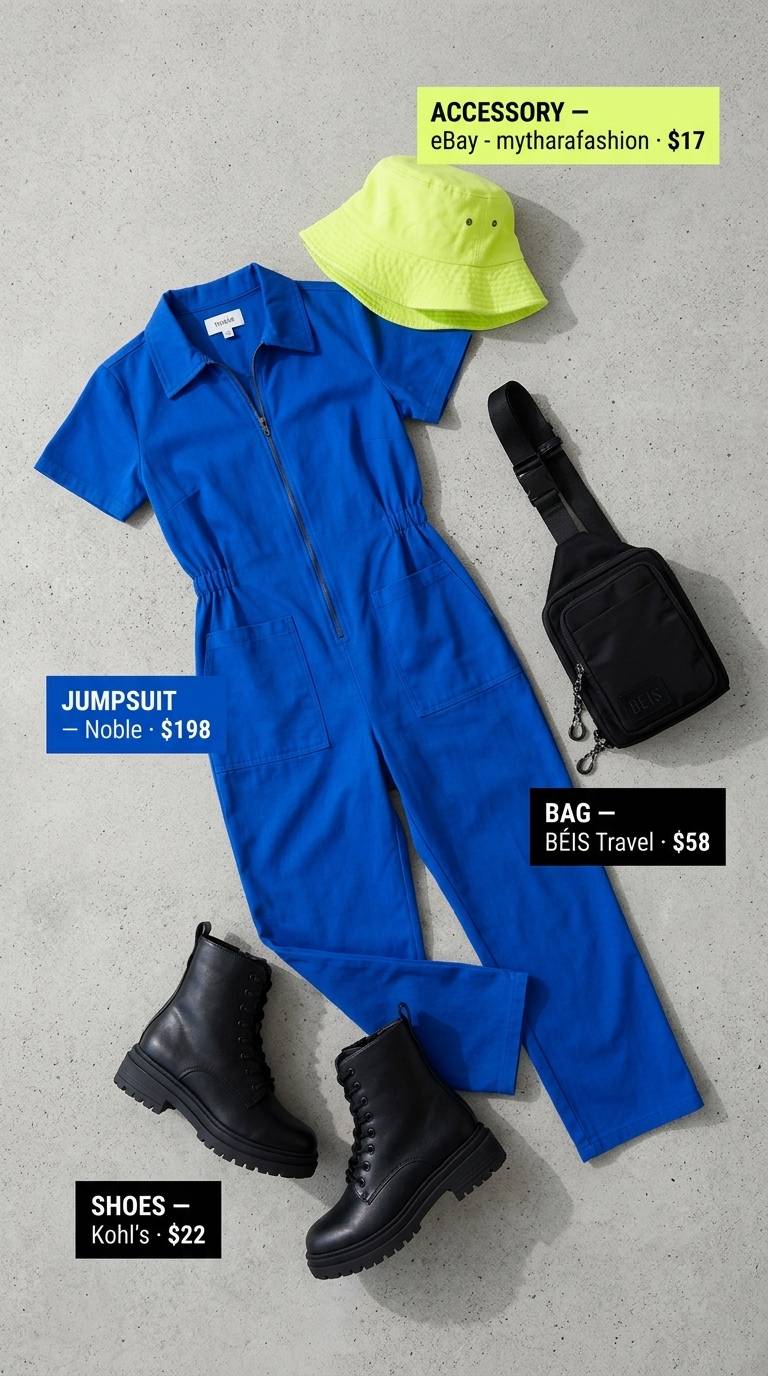 Practical summer rave outfit for women 2026: Electric blue utility jumpsuit, combat boots, and bucket hat.
