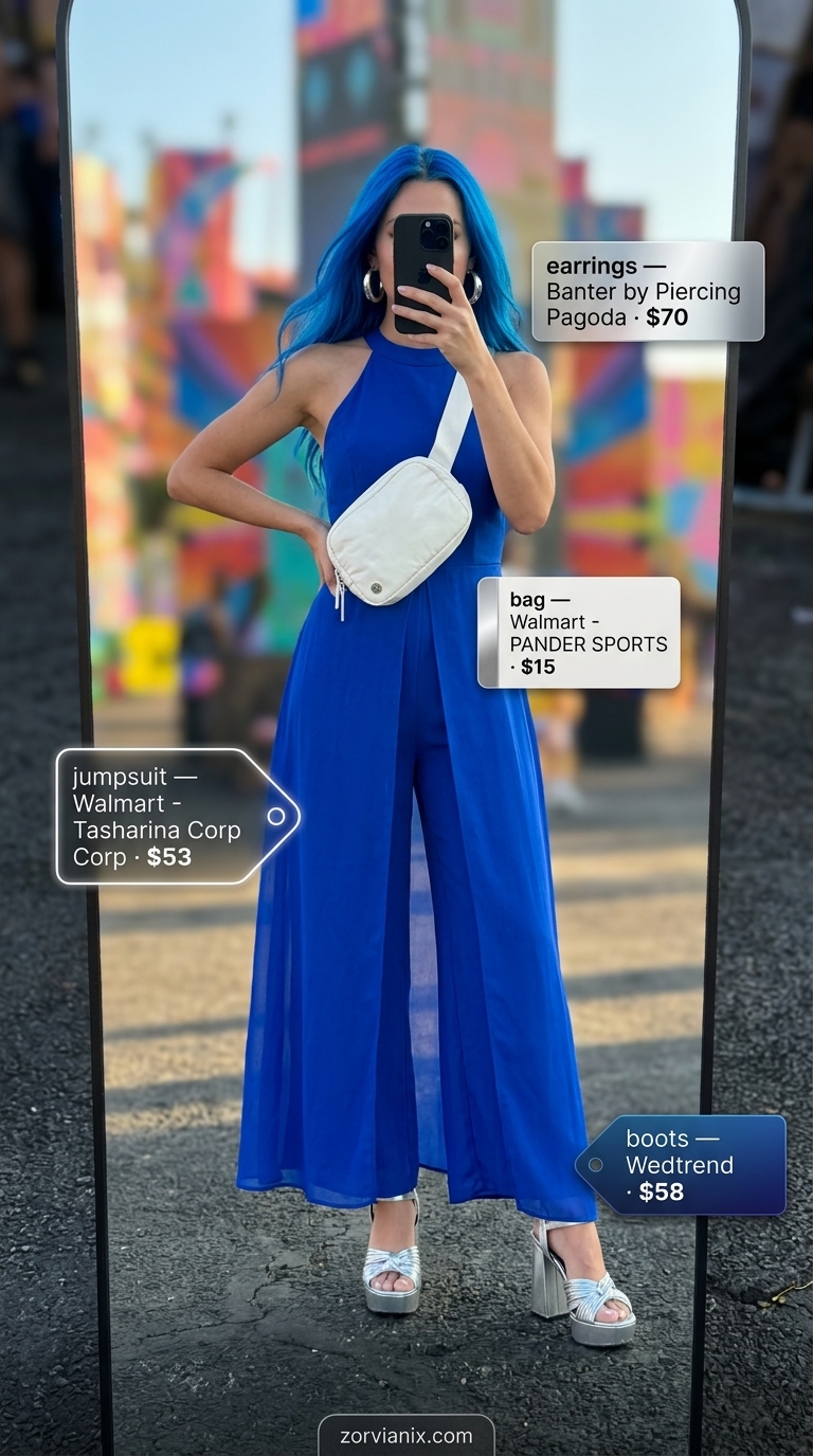 Stylish summer rave outfit for women 2026: Electric blue jumpsuit, platform sandals, and silver earrings.