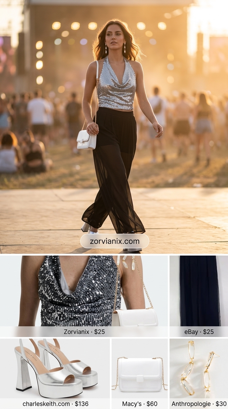 Glamorous summer rave outfit for women 2026: Sequin bodysuit, palazzo pants, and platform heels.