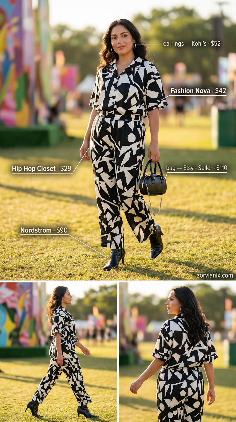 Edgy summer rave outfit for women 2026: Black & white graphic print matching set with silver accessories.