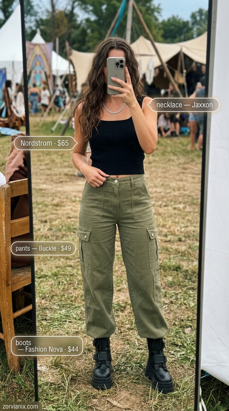 Edgy summer rave outfit for women 2026: olive green cargo pants, black crop top, and combat boots.