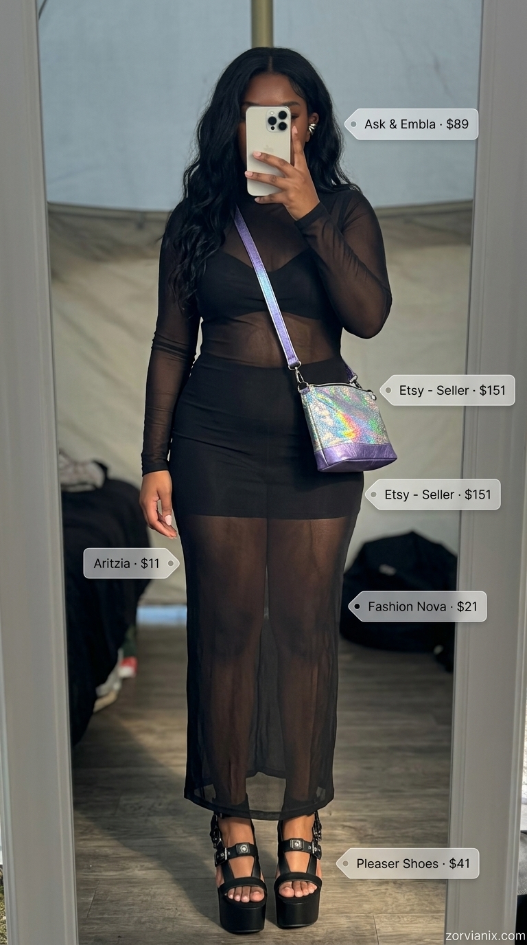 Mesh maxi dress outfit for women 2026: sheer black dress, platform sandals, holographic bag for a summer rave.