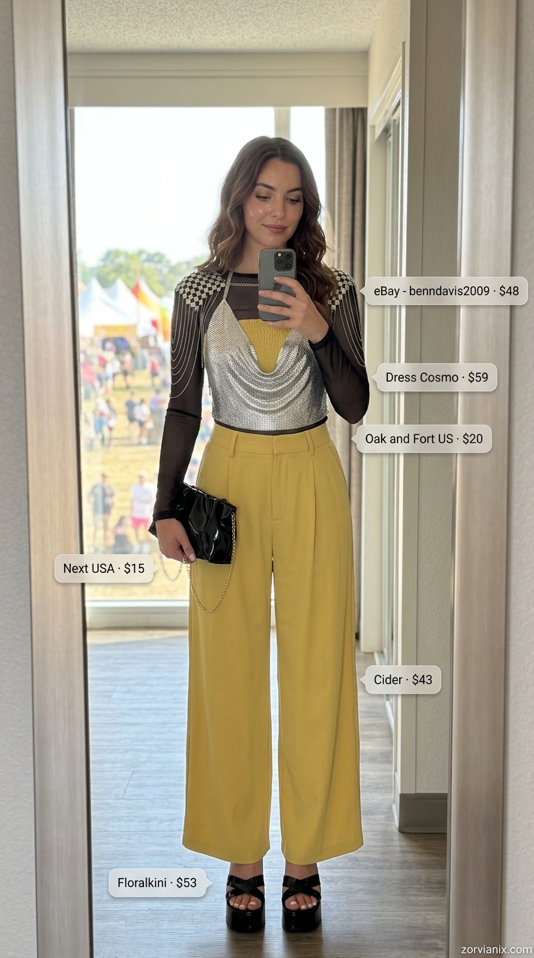 Glam summer rave outfit for women 2026: silver metallic mesh set with black platform sandals and body chain.