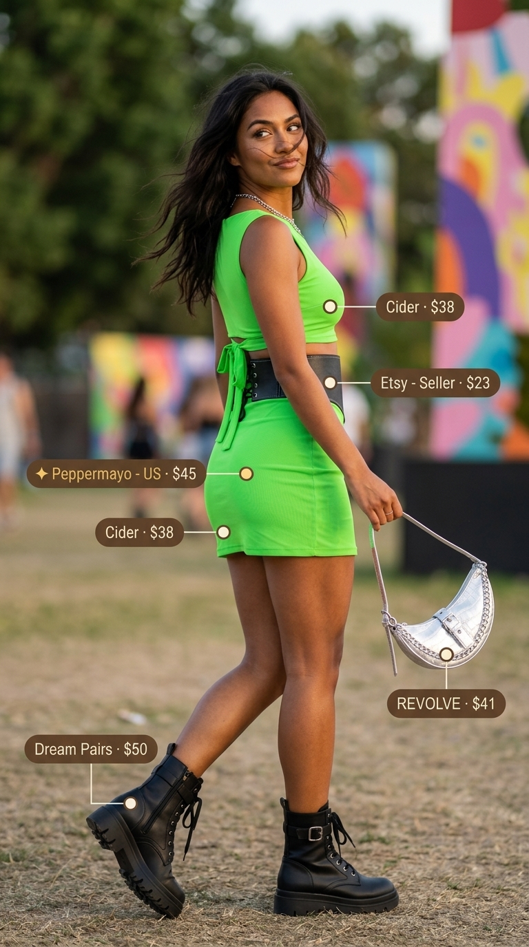 Neon green mesh dress outfit for women 2026: sheer dress, platform boots, silver bag for a summer rave.