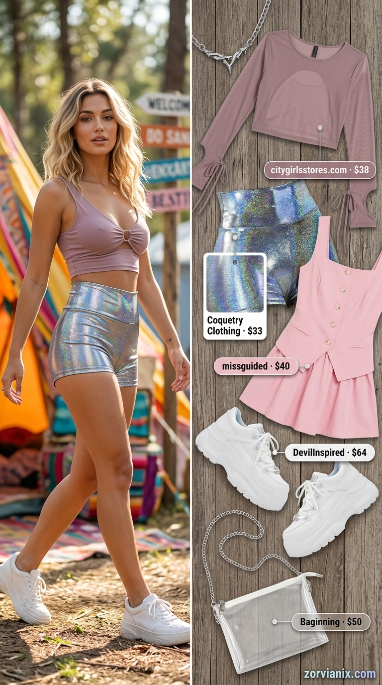 Edgy summer rave outfit for women 2026: Lavender top, iridescent shorts, and platform sneakers.
