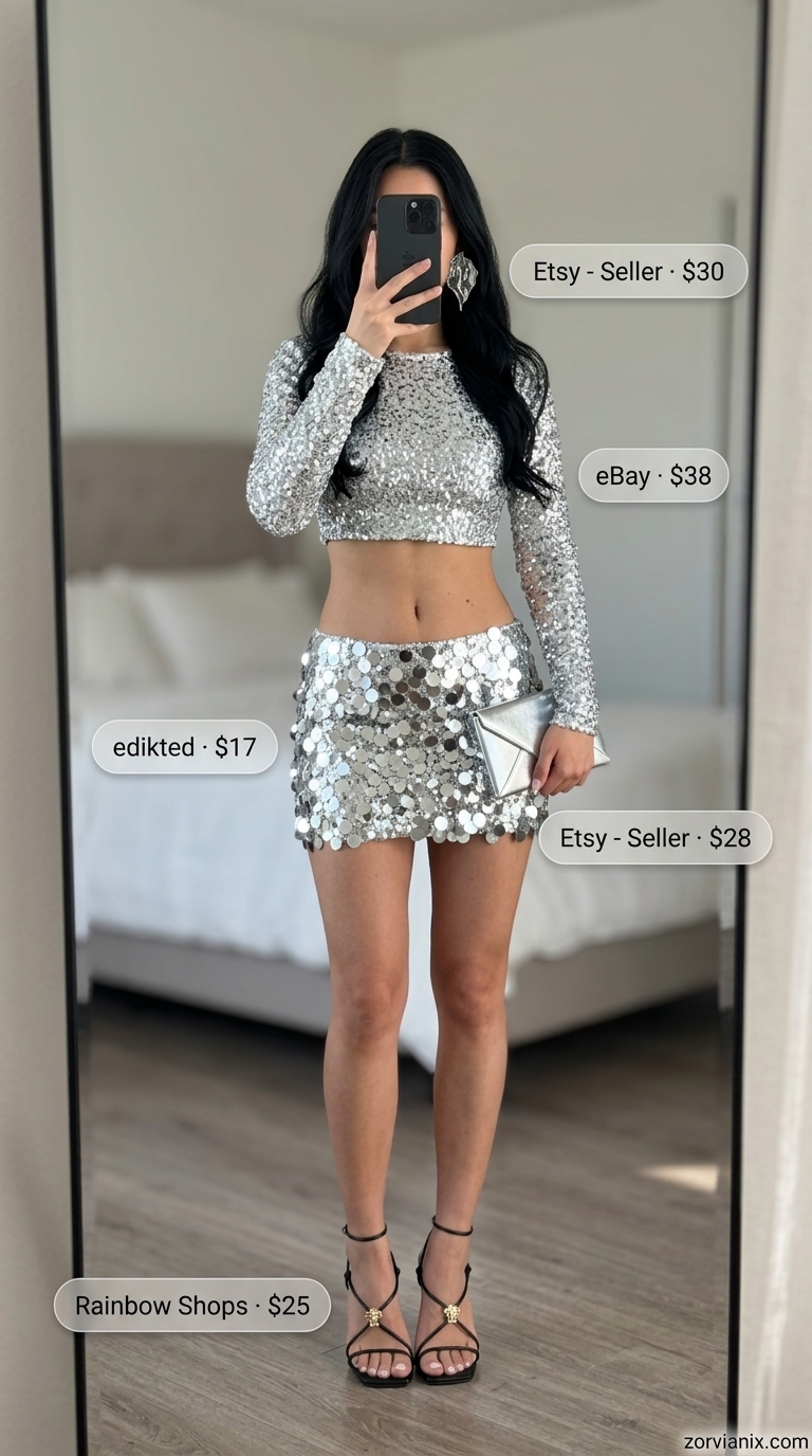 Glamorous summer rave outfit for women 2026: silver sequined crop top and mini skirt set with black strappy sandals.