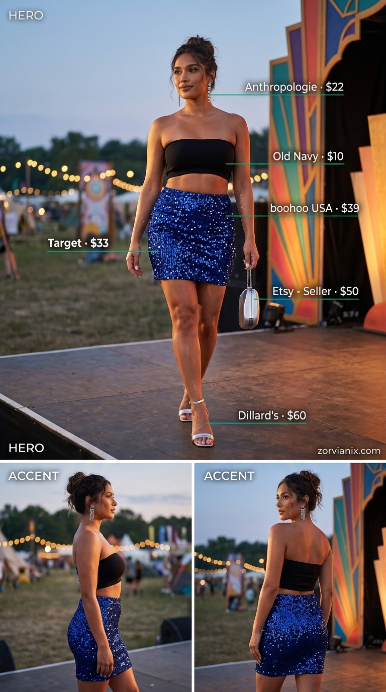 Sequin skirt outfit for women 2026: blue sequin skirt, silver sandals, black top for a summer rave.