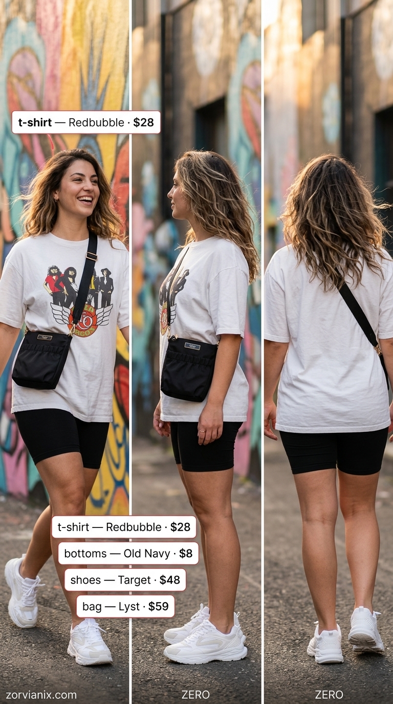 Cool summer rave outfit for women 2026: graphic tee, black biker shorts, white sneakers, and baseball cap.