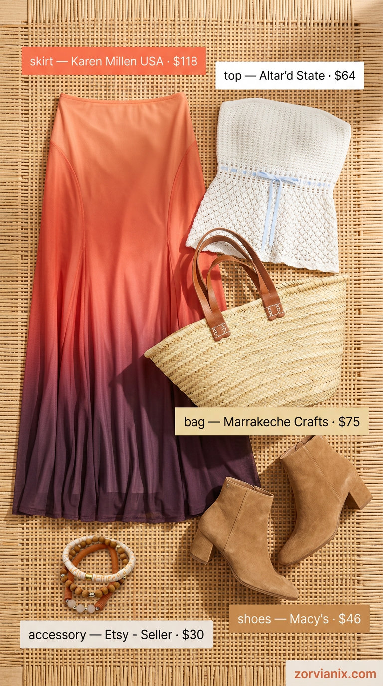 Bohemian summer rave outfit for women 2026: Ombre maxi skirt, crochet top, and suede boots.