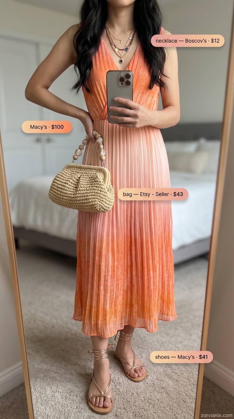 Bohemian summer rave outfit for women 2026: sunset gradient maxi dress, gold gladiator sandals, and straw clutch.