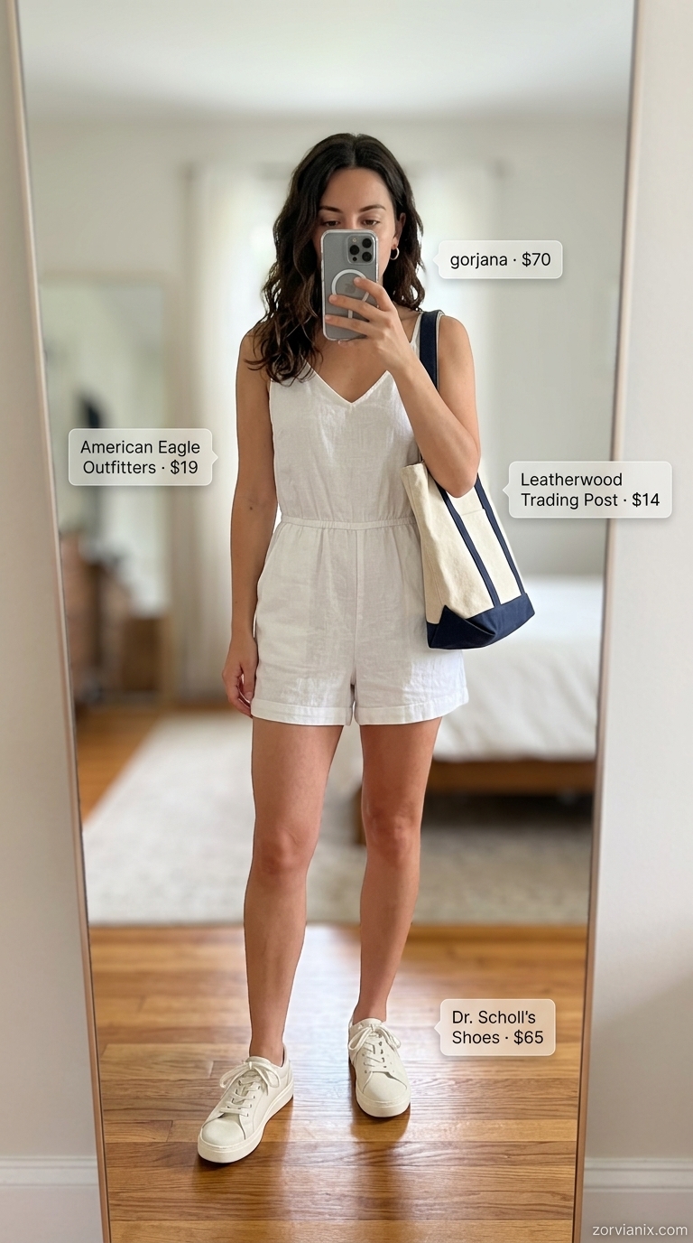 Athleisure Romper Outfits for Women 2026 Comfortable navy blue knit romper for summer romper outfits for women 2026, great for errands with sneakers & canvas tote.