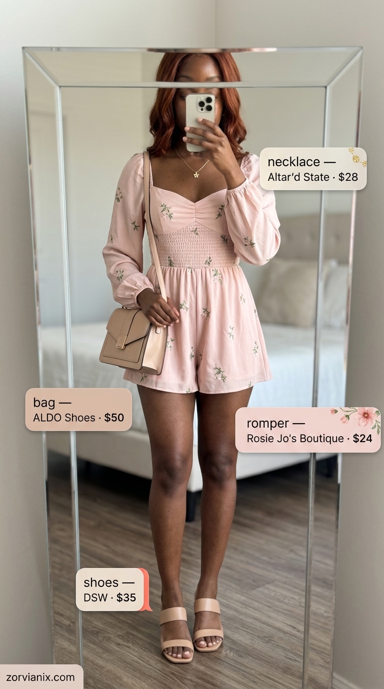 Blush & Bloom Brunch: Summer Romper Outfits for Women 2026 Blush pink floral romper outfit for women 2026, sweet for brunch. Styled with nude sandals, gold necklace, and white quilted bag.