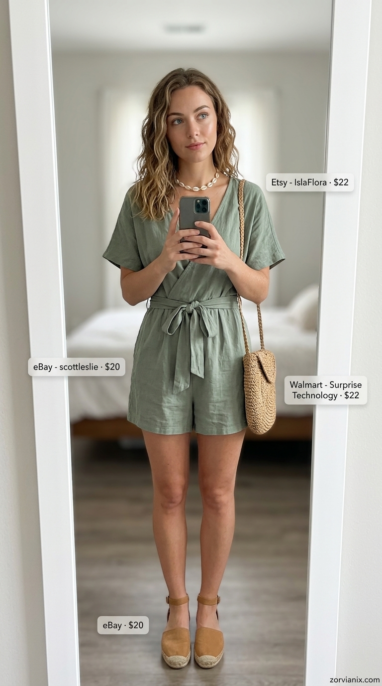 Boardwalk Breeze: Summer Romper Outfits for Women 2026 Sage green linen romper outfit for women 2026, perfect for summer brunch. Styled with espadrilles, straw bag, and tortoise sunglasses.
