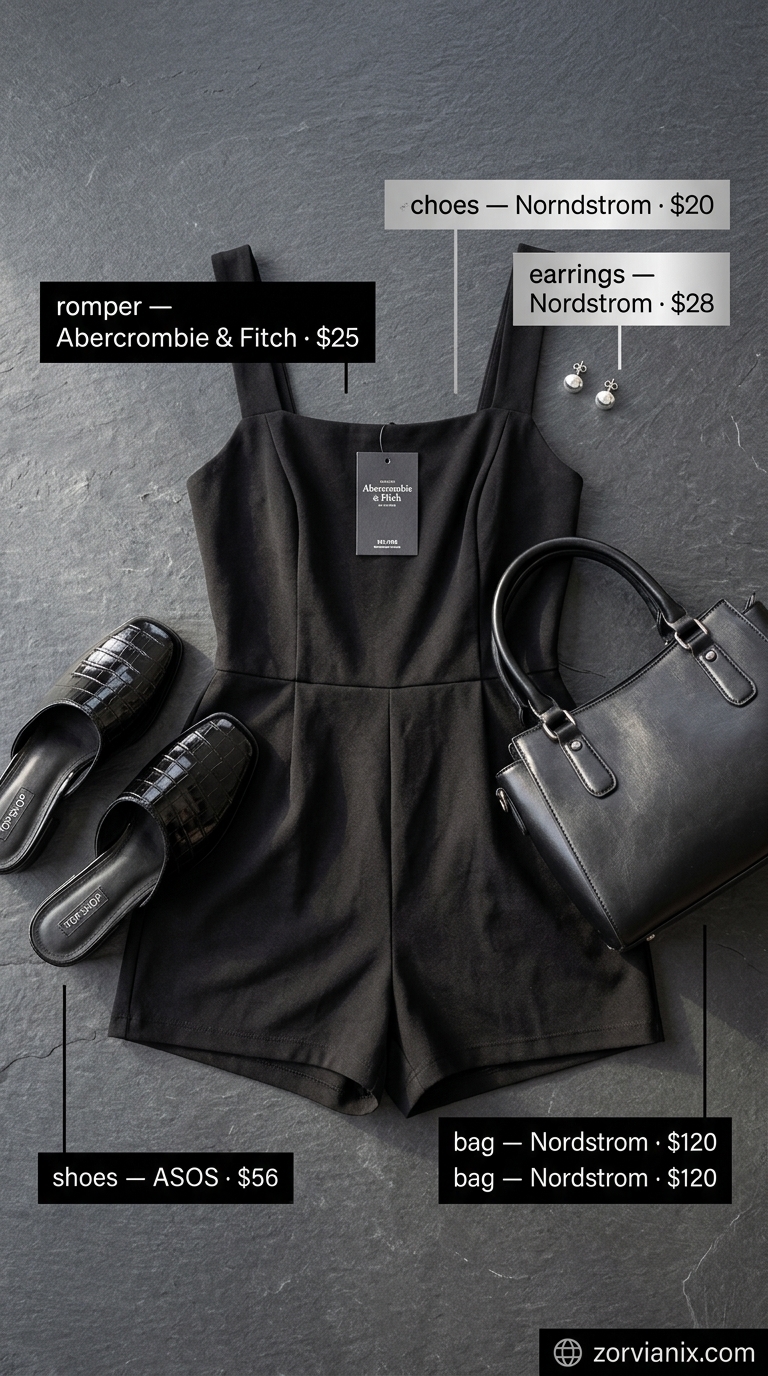 Dinner Date Romper Outfits for Women 2026 Sleek black romper for summer romper outfits for women 2026, ideal for dinner dates with pointed mules & silver accessories.