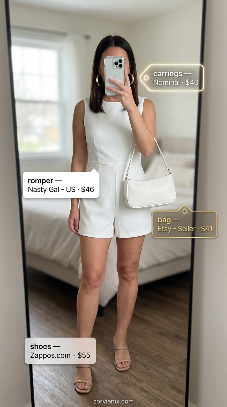 Gallery Opening Romper Outfits for Women 2026 Chic white tailored romper for summer romper outfits for women 2026, paired with black slides & gold hoops for gallery opening.
