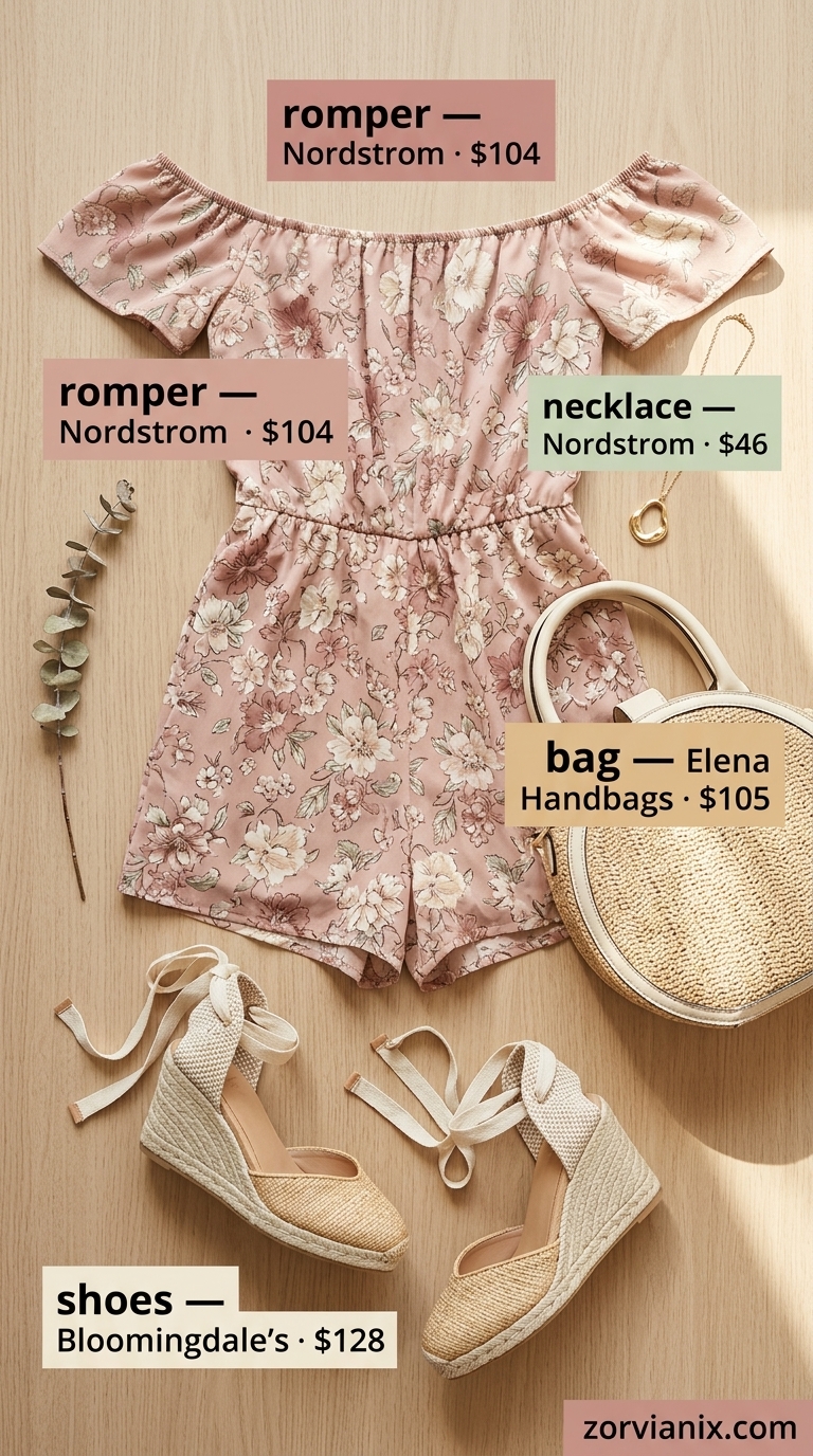 Garden Party Romper Outfits for Women 2026 Dusty rose floral romper for summer romper outfits for women 2026, perfect for garden parties with espadrilles & straw bag.