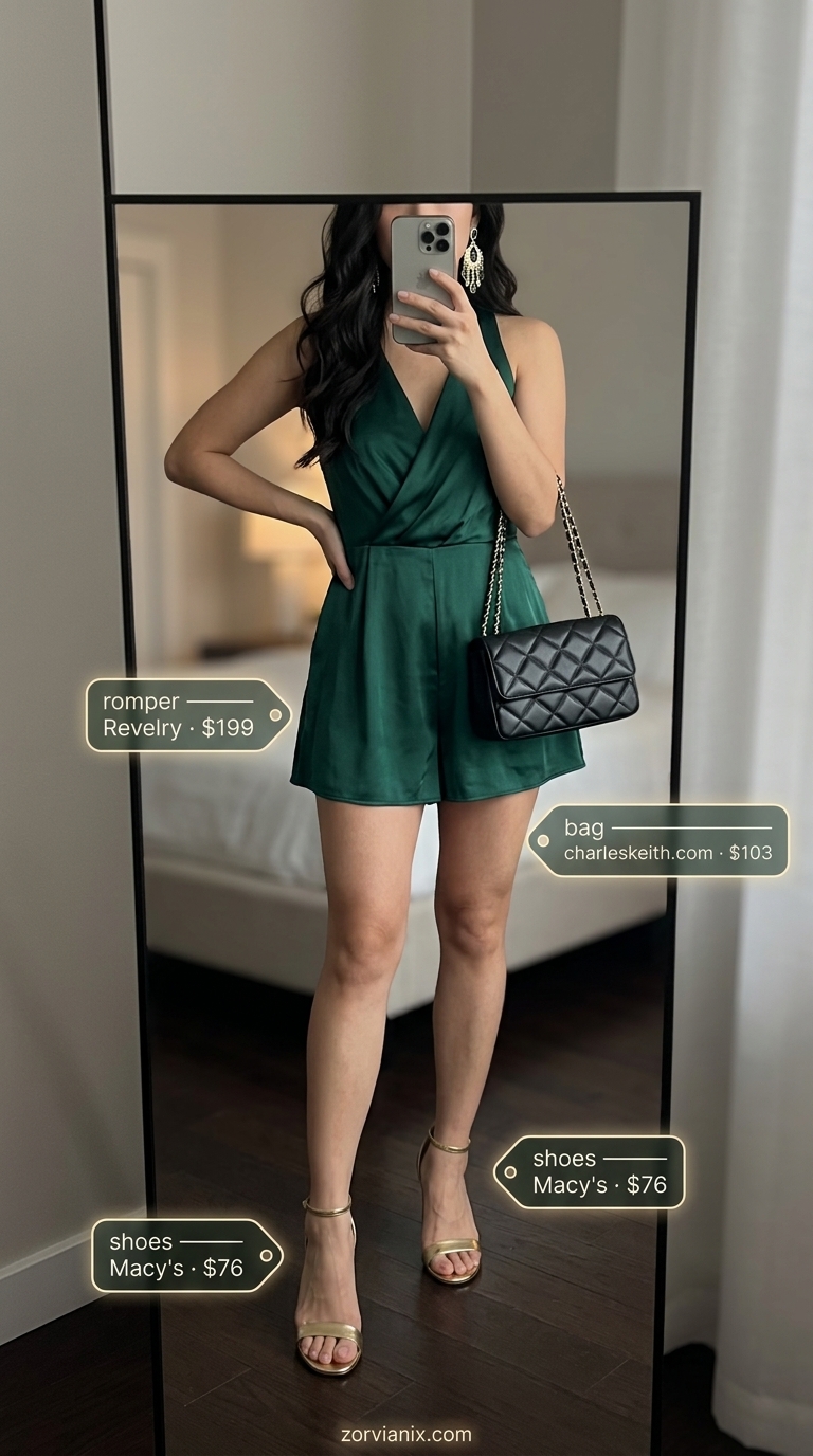 Midnight Rooftop Glamour: Summer Romper Outfits for Women 2026 Emerald green satin romper outfit for women 2026, ideal for evening parties. Styled with black heels and gold chandelier earrings.