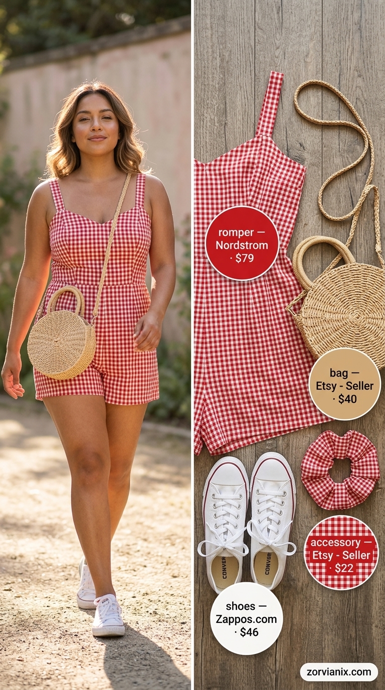 Picnic Romper Outfits for Women 2026 Sweet red gingham romper for summer romper outfits for women 2026, ideal for picnics with sneakers & straw tote.