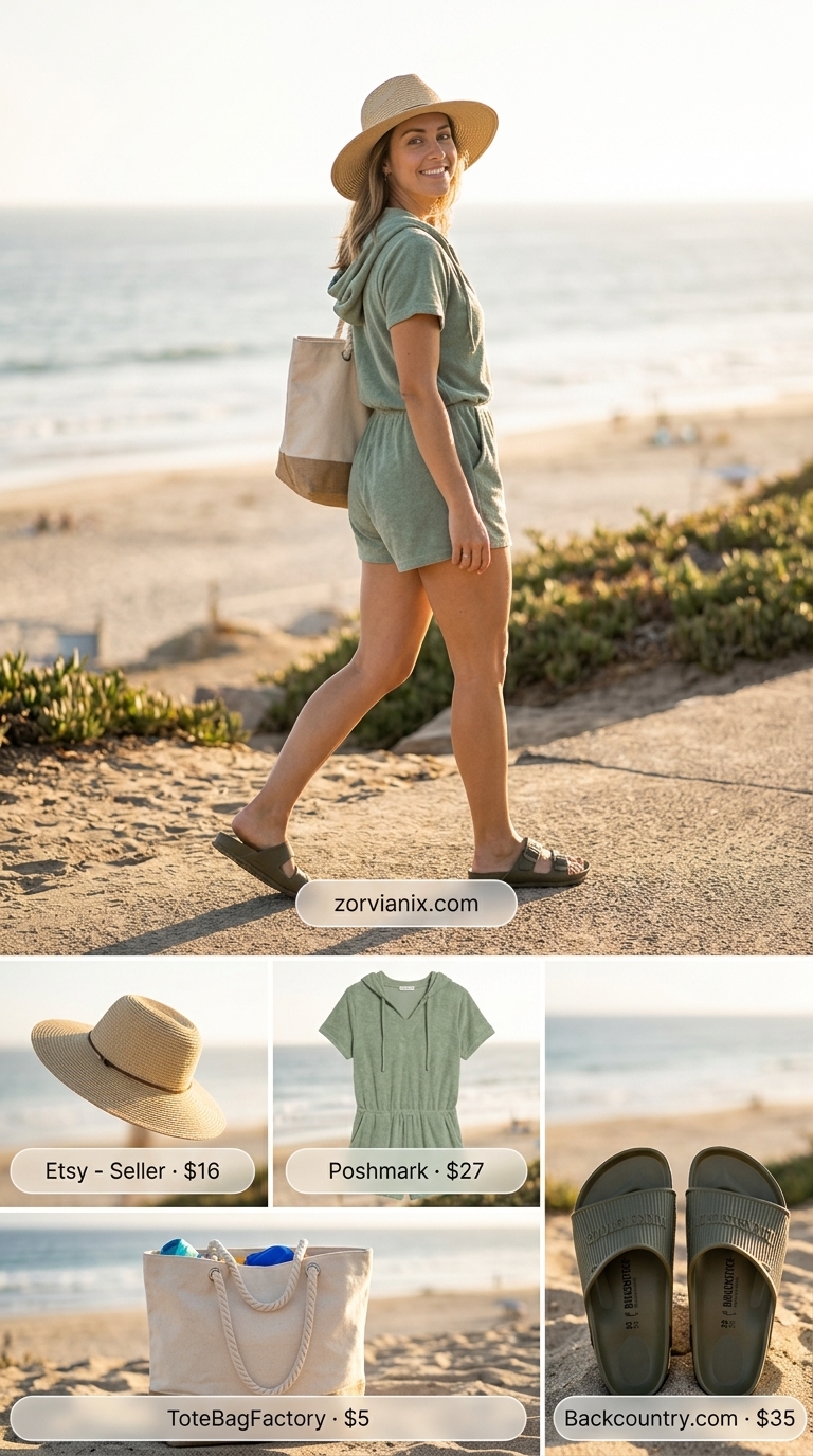 Poolside Romper Outfits for Women 2026 Relaxed sage green terry cloth romper for summer romper outfits for women 2026, perfect for poolside with slides & straw hat.