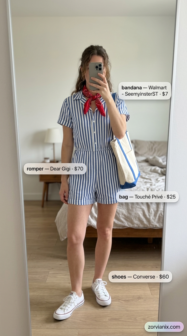 Seaside Romper Outfits for Women 2026 Preppy cobalt blue striped romper for summer romper outfits for women 2026, perfect for seaside with sneakers & tote.
