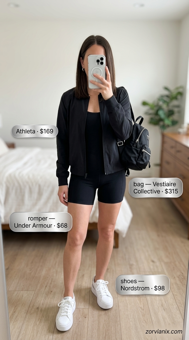 Athleisure Romper Outfits for Women 2026 Black athleisure romper outfit for women 2026, great for errands, travel, and casual days.